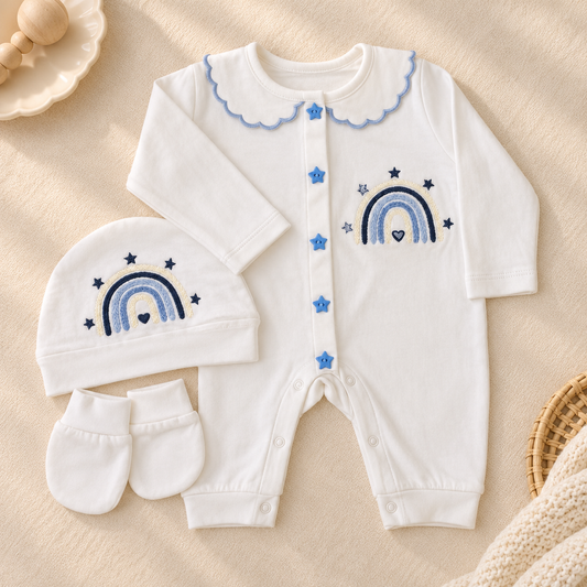 A baby outfit set laid flat on a soft beige fabric background, including a white long-sleeve one-piece romper with blue scalloped collar trim and rainbow/star embroidery, a matching white bonnet, and white booties. Decorative props are partially visible at the edges.