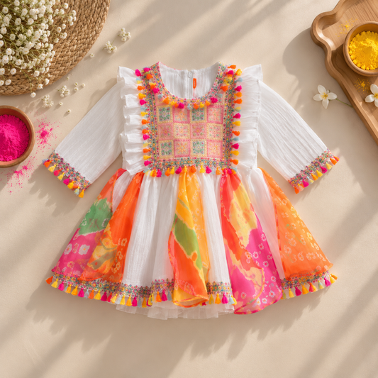 A toddler girl's long-sleeve dress with a white textured bodice, colorful embroidered chest panel, and a vibrant orange, pink, and yellow patterned tulle skirt, styled in a flat-lay on a beige surface with decorative props.