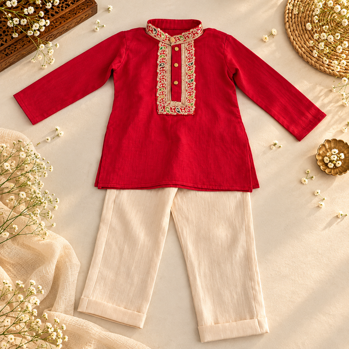 Red Embroidered Kurta Set