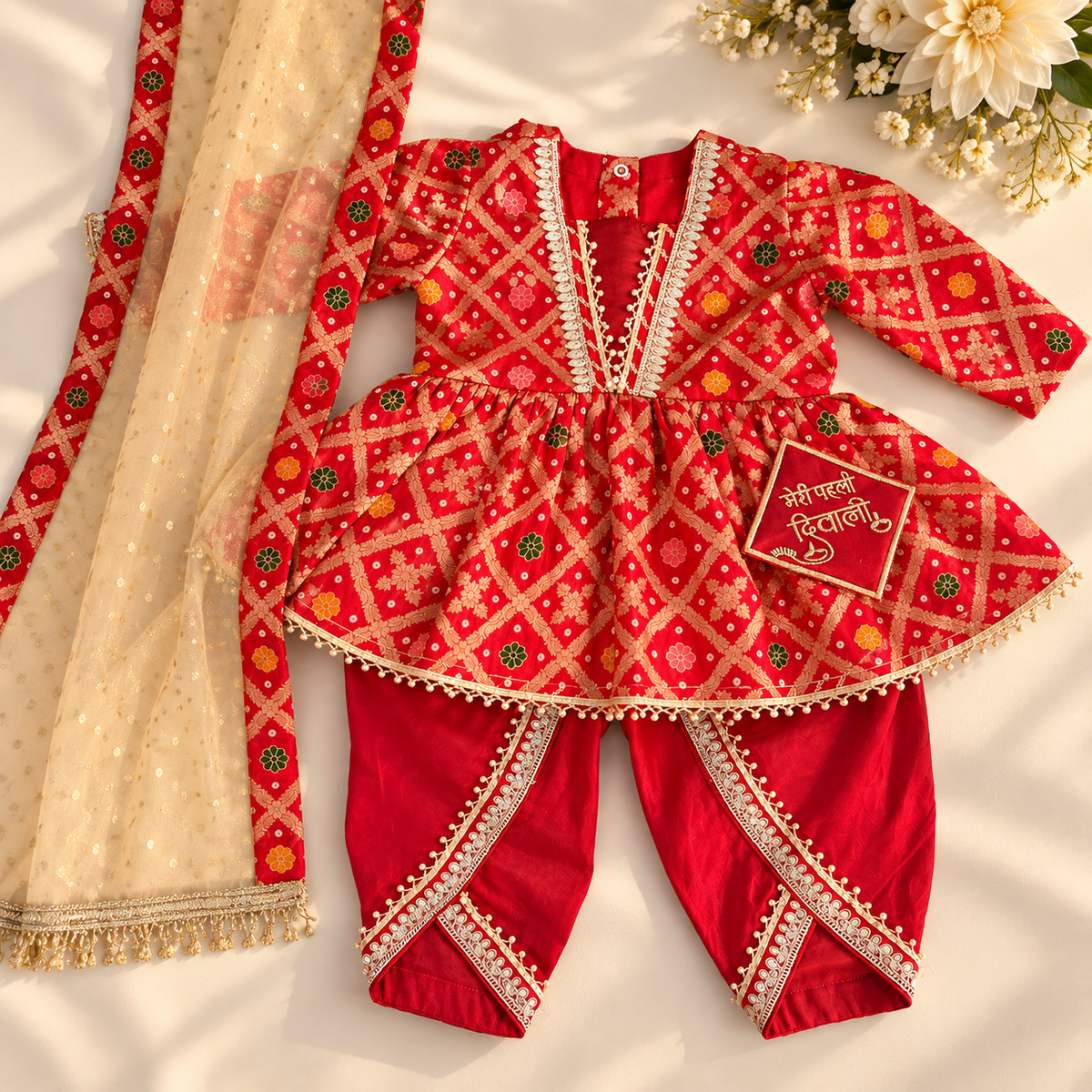 A traditional Indian children's outfit laid flat on a light cream background, featuring a red long-sleeve top with gold geometric patterns and white embroidery, matching red pants with decorative trim, and a beige dupatta with red borders. Small white flowers are placed in the top right corner.