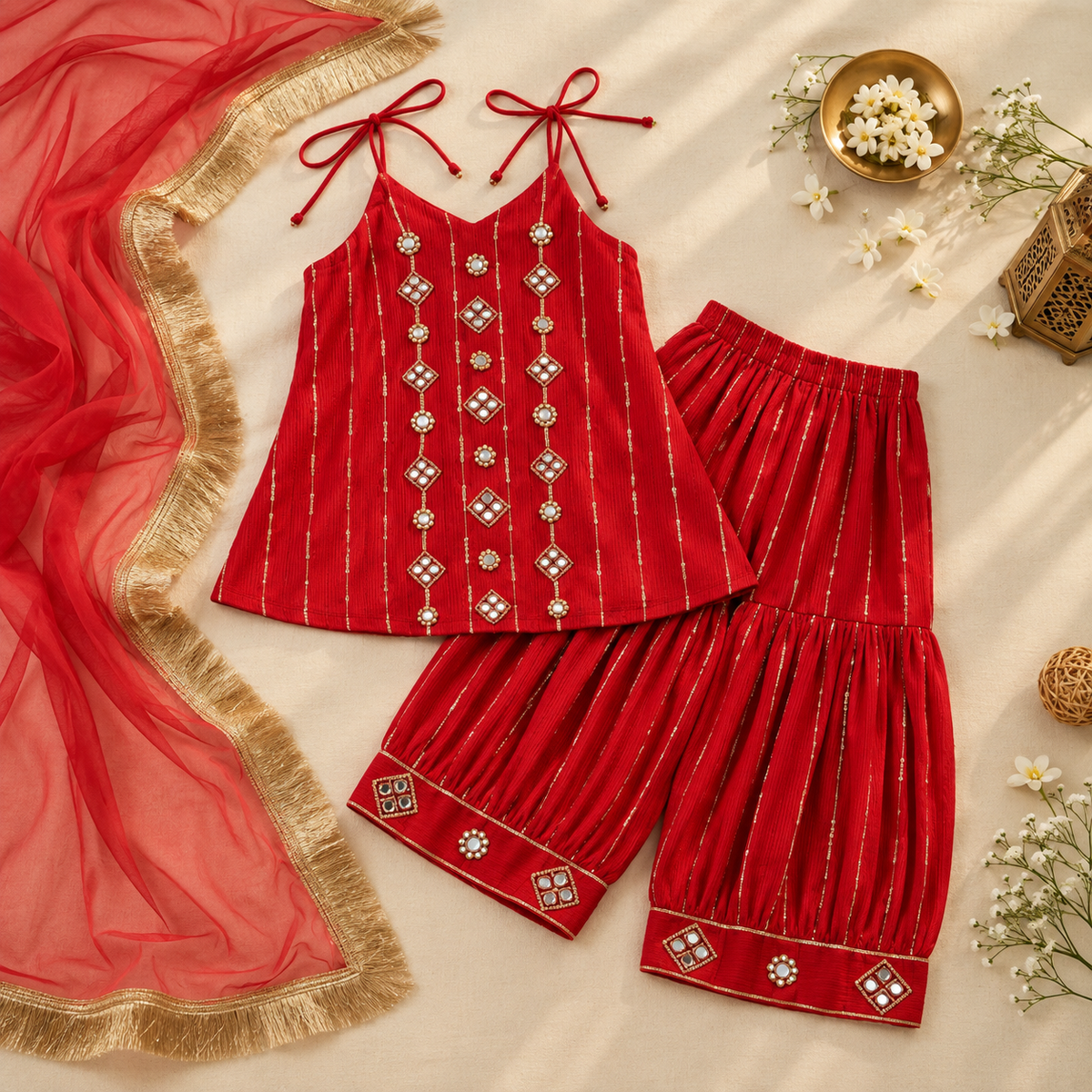 A red traditional outfit for children, featuring a sleeveless top with tie straps and vertical silver mirror-work embroidery, paired with matching pleated shorts with decorative borders, styled with a sheer red dupatta on a beige fabric background.