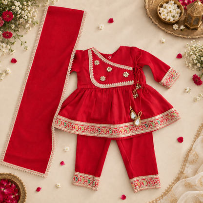 A red children's traditional outfit set laid flat on a beige fabric background, including a long-sleeve top with embroidered neckline and hem, matching pants with decorative cuffs, and a separate long red scarf. The set is styled with flowers, petals, and decorative props around it.