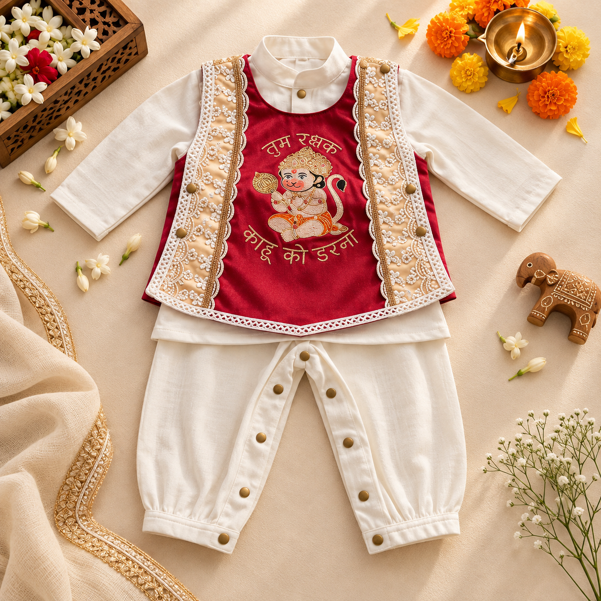 A baby outfit set laid flat on a beige fabric background, featuring a white long-sleeve top and matching white pants with gold snap buttons, paired with a red vest decorated with gold embroidery and a cartoon monkey graphic. Decorative flowers, a candle, and a small elephant figurine surround the outfit.