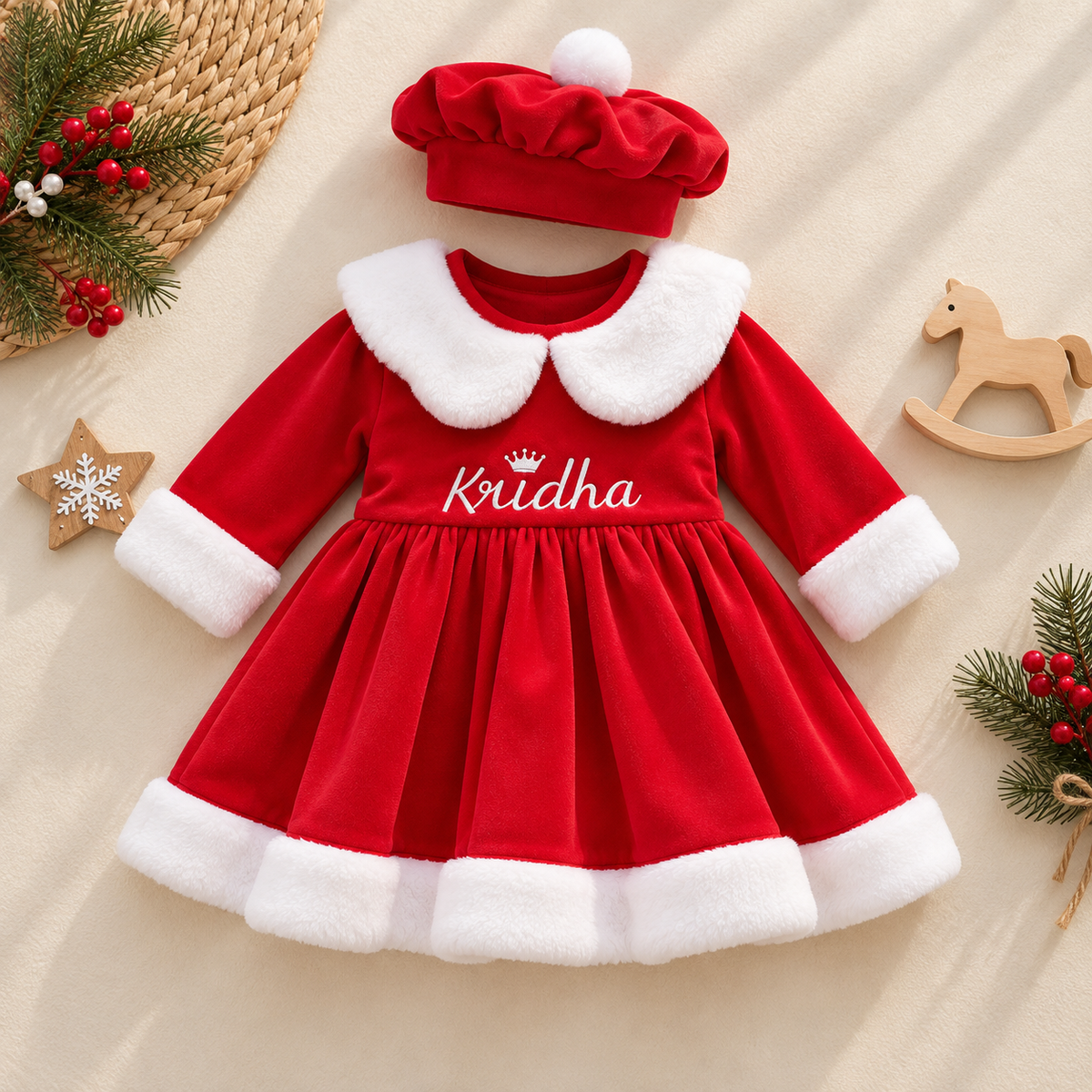 A baby girl's red velvet dress with a white faux-fur Peter Pan collar and cuffs, featuring the name 'Kridha' embroidered on the chest. The dress is styled with a matching red velvet beret hat, presented in a flat-lay arrangement with holiday-themed props on a beige fabric background.