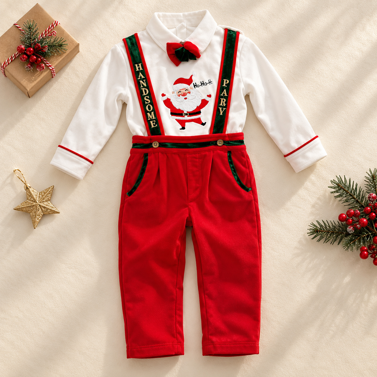 A baby boy's Christmas-themed two-piece outfit consisting of a white long-sleeve collared shirt with a red bow tie and Santa graphic, paired with red pants featuring green and black suspenders. The outfit is styled in a flat lay with holiday props on a beige fabric background.