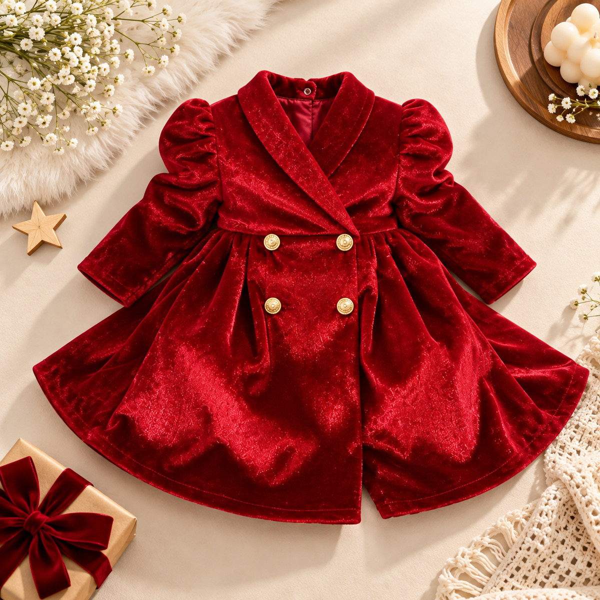 A red velvet double-breasted coat for toddlers, styled in a flat lay with decorative props including a gift box, dried flowers, a wooden star, and a crocheted textile on a light beige background.