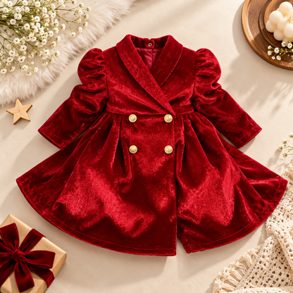 A red velvet double-breasted coat for toddlers, styled in a flat lay with decorative props including a gift box, dried flowers, a wooden star, and a crocheted textile on a light beige background.