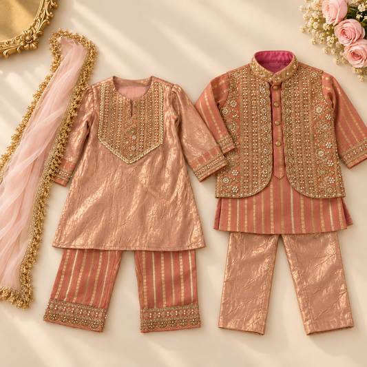 A styled flat-lay of a children's traditional outfit set in metallic rose gold and pink, featuring an embroidered kurta, matching striped pants, a striped jacket with a gold-embroidered vest, and a sheer pink dupatta with gold trim, arranged on a cream background with decorative floral props.