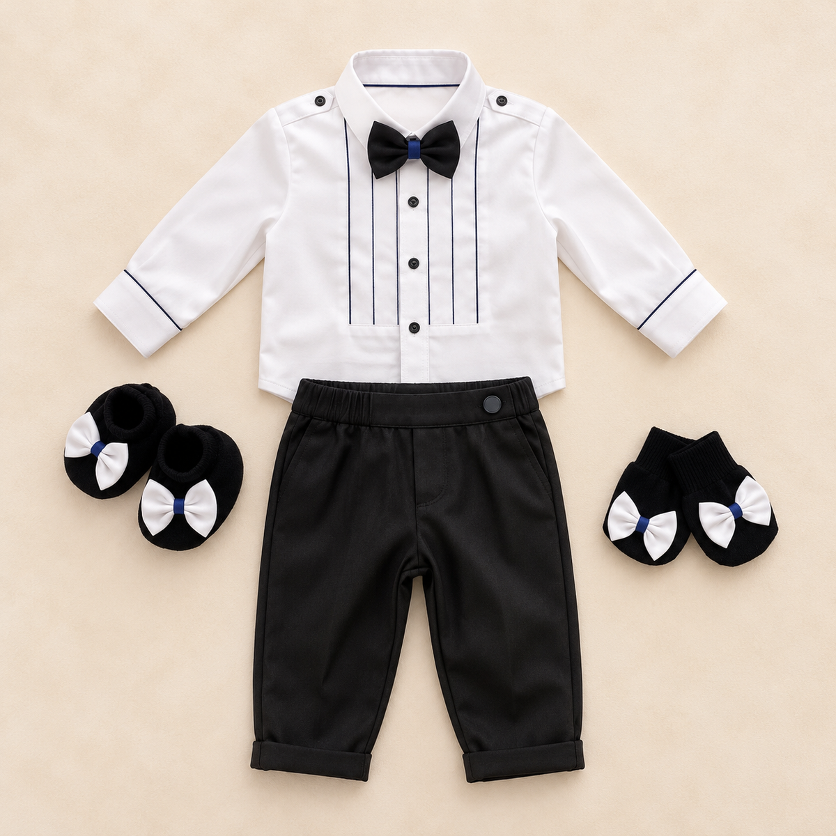 A baby formal outfit set laid flat on a light beige background, including a white long-sleeve shirt with black pinstripes and a black bow tie, black pants, and matching black booties and mittens with white bow accents.