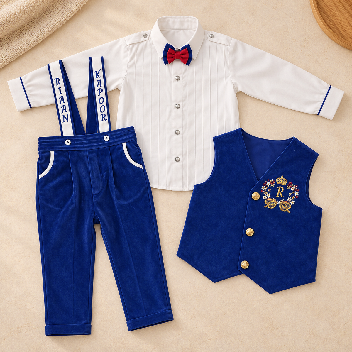 A three-piece baby boy's formal outfit set laid flat on a beige fabric background. The set includes a white long-sleeve button-down shirt with thin vertical pinstripes, royal blue velvet suspenders with white straps and 'RIAN' and 'KAPOOR' text, a matching royal blue velvet vest with gold buttons and a decorative embroidered crest, a red and blue bow tie, and white trousers with blue trim.