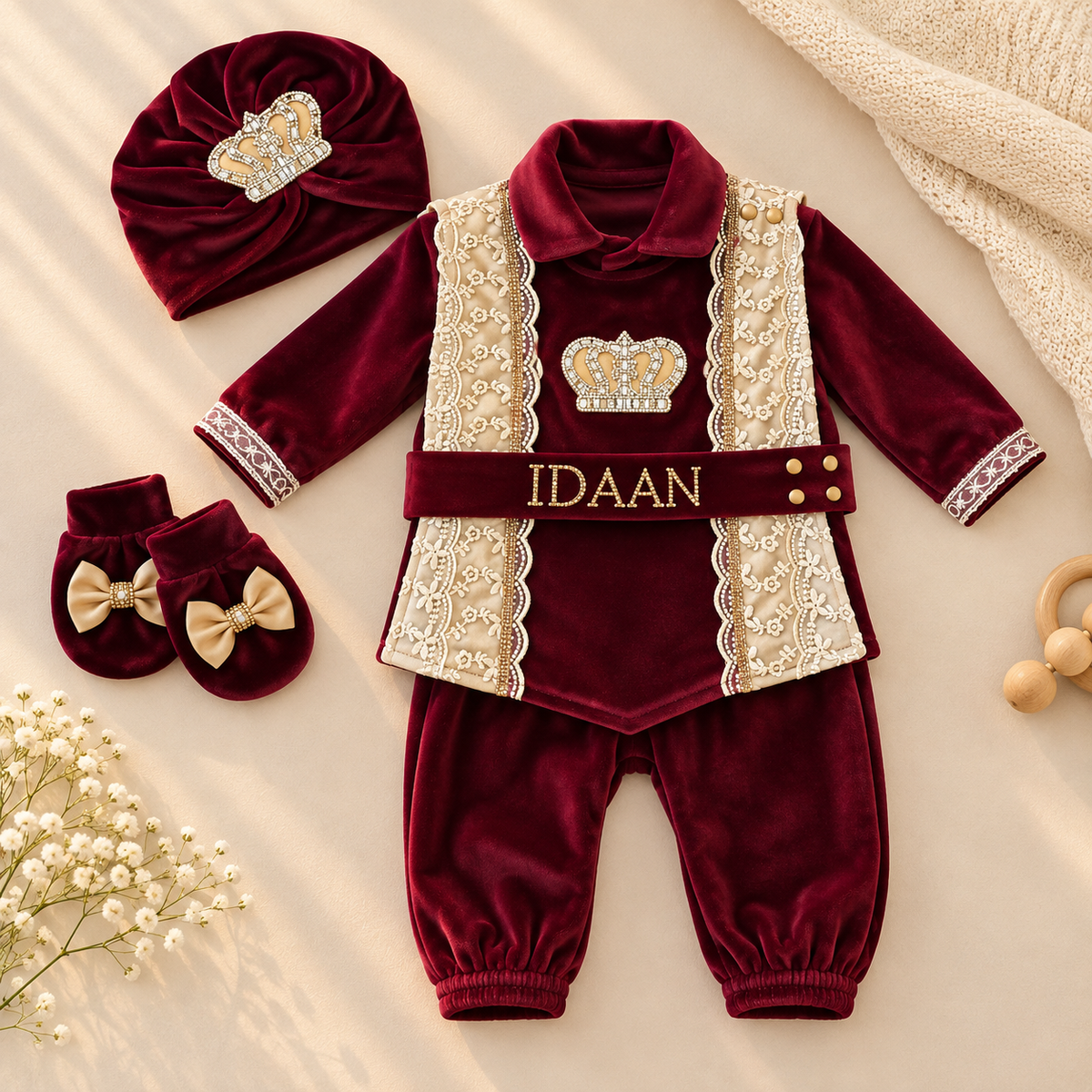 A baby boy's three-piece royal velvet outfit set in deep burgundy, featuring a long-sleeve top with lace-trimmed collar and sleeves, matching pants, a decorative waist belt with gold lettering, a crown applique, a headband with a crown, and matching bowie booties, arranged on a beige fabric background with baby accessories.