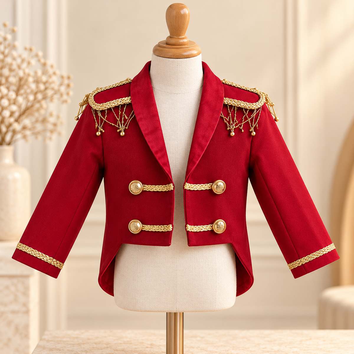 A red military-style jacket with gold trim and decorative shoulder details, displayed on a cream dress form mannequin in an indoor styled setting.