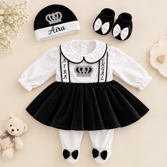 A baby girl's two-piece outfit set featuring a black and white long-sleeve dress with a black tutu skirt, white Peter Pan collar, and 'AIRA SEHGAL' text with a crown graphic. The set includes a matching beanie with 'Aira' and a crown, black booties with white bows, white leggings with black bow feet, a teddy bear, and baby flowers on a beige background.