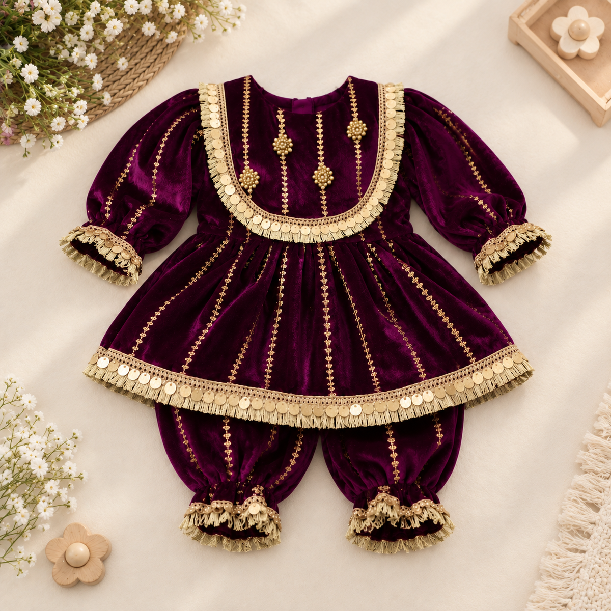 A baby outfit set consisting of a long-sleeve tunic and matching pants in deep purple velvet with ornate gold coin and bead embroidery, styled in a flat-lay on a cream fabric background with decorative flowers and wooden accessories.