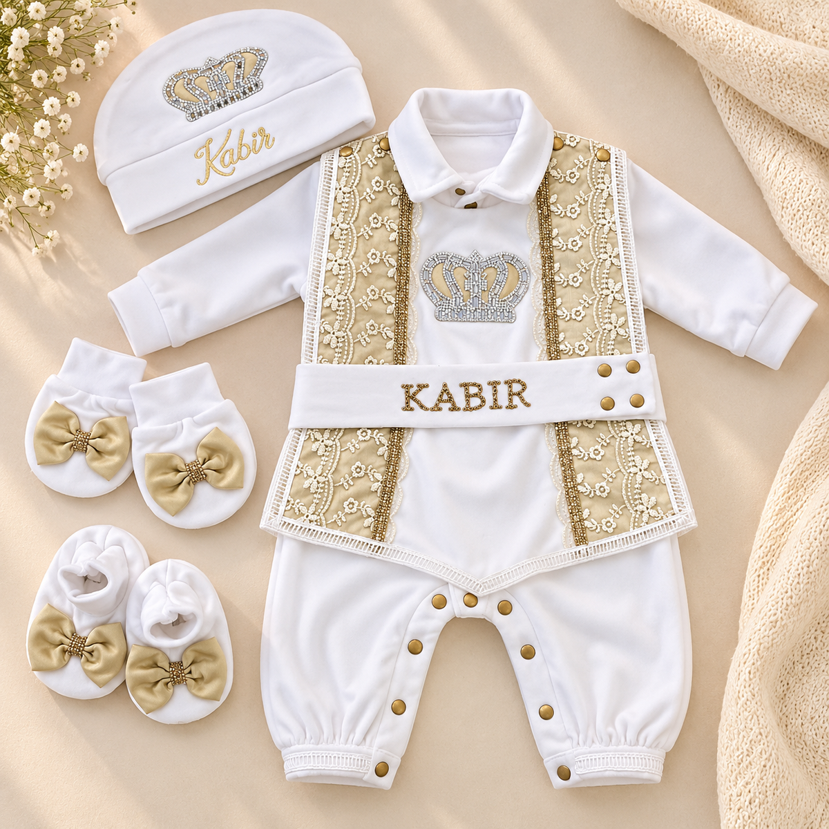 A baby boy's three-piece royal outfit set including a long-sleeve romper, a matching beanie hat, and bootie socks, all in white with gold embroidery and lace details, laid out on a beige background with decorative flowers and a cream knit blanket.