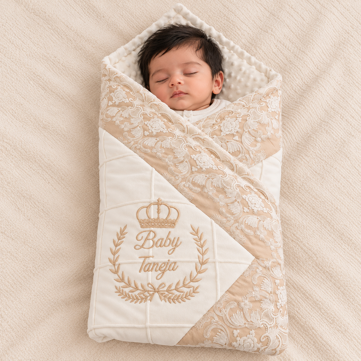 A sleeping newborn baby wrapped in a cream and beige quilted swaddle blanket with floral lace trim and embroidered 'Baby Tangia' text with a crown, laid on a textured beige blanket.