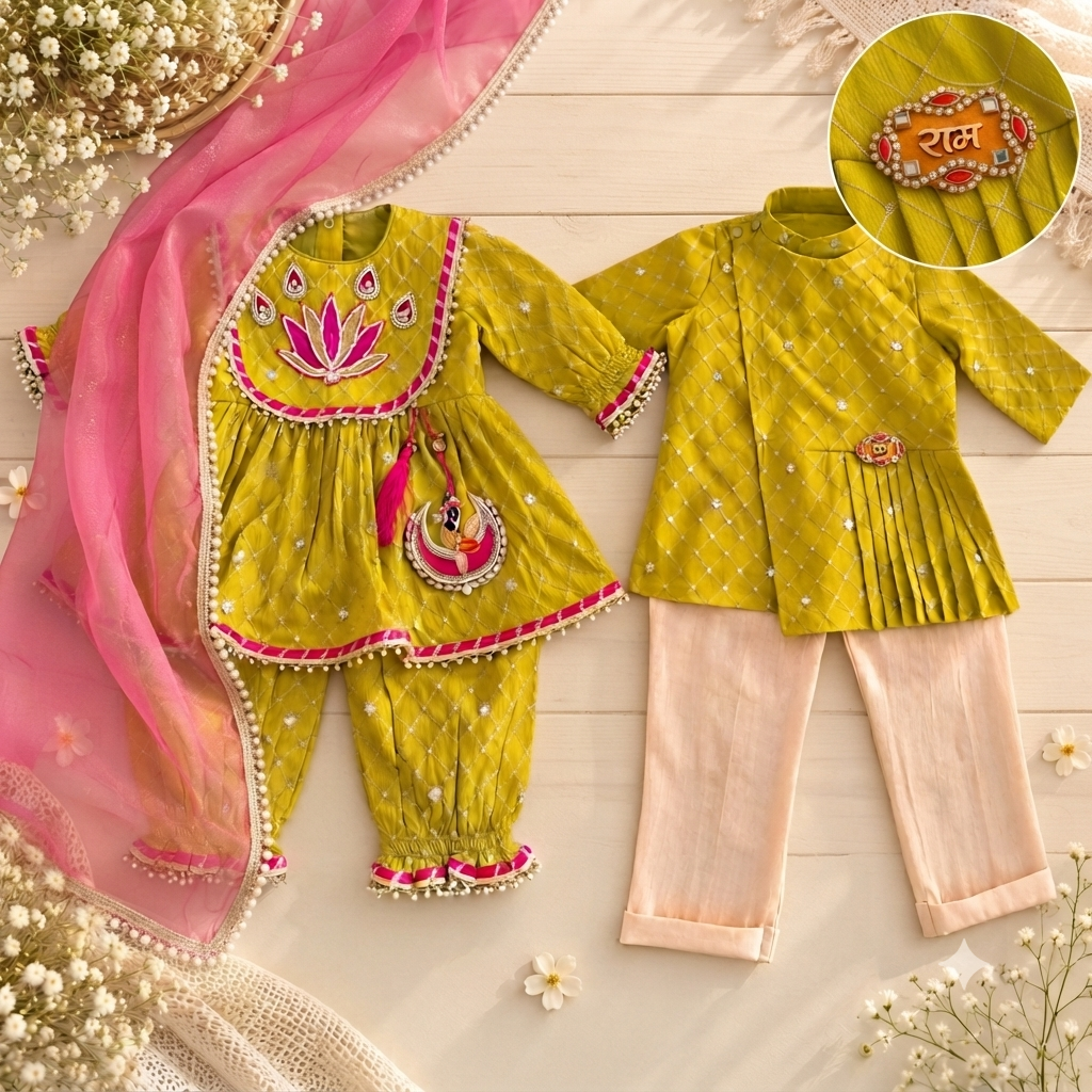 A children's traditional outfit set laid flat on a light wood surface with decorative flowers and a pink dupatta. The set includes a yellow embroidered kurta and matching pants, plus a separate matching jacket and light peach pants.