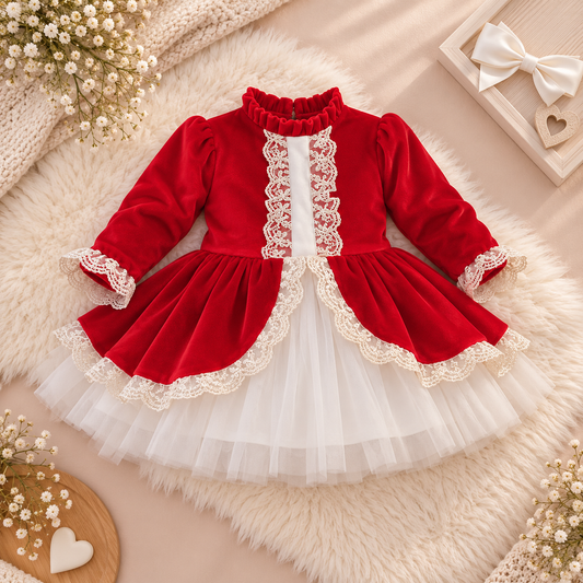 A baby girl's long-sleeve dress in red velvet and white tulle, styled in a flat-lay arrangement on a cream faux fur rug with baby accessories.