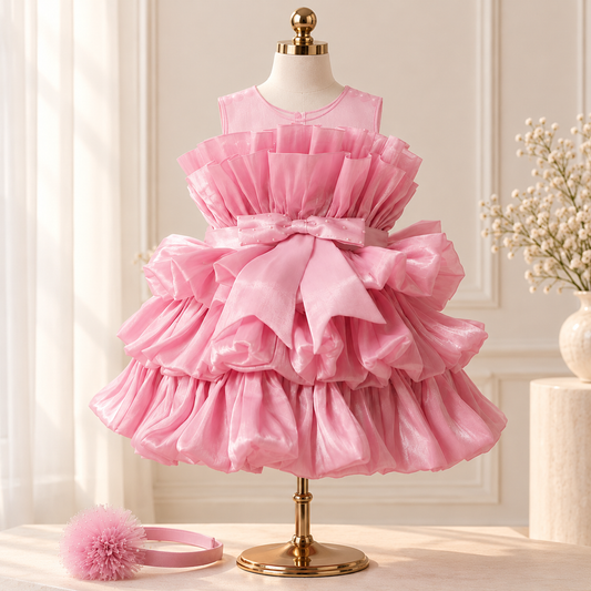 A pink tiered ruffle dress with a large bow at the waist displayed on a mannequin, alongside a matching pink fluffy headband on a table in a softly lit room.