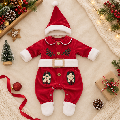 A baby Christmas-themed velvet jumpsuit and Santa hat set, styled in a flat lay with holiday decorations including pine branches, a miniature tree, and a gift box on a cream knit blanket.