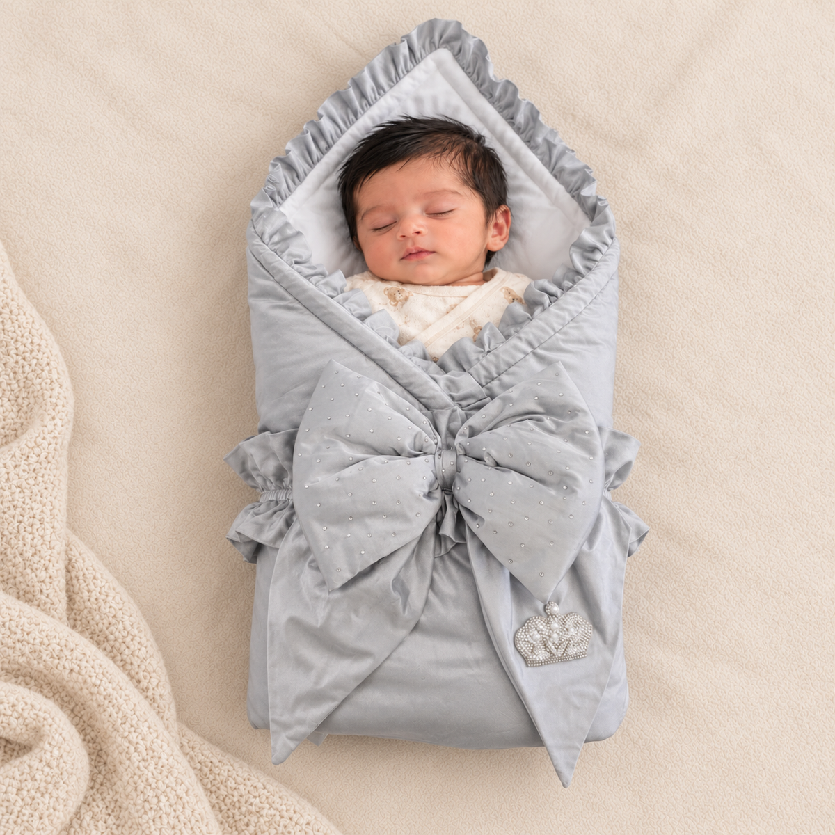 A sleeping newborn baby wrapped in a light gray swaddle blanket with a large bow and ruffled trim, lying on a beige textured blanket.