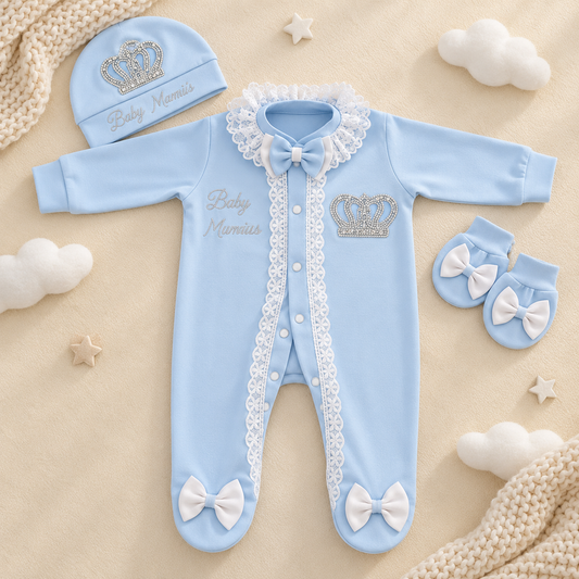 A light blue baby footed sleeper set with matching hat and booties, styled flat-lay on a beige fabric background with decorative clouds, stars, and a knitted blanket. The sleeper has lace trim, bow details, crown embroidery, and 'Baby Mummi' text.