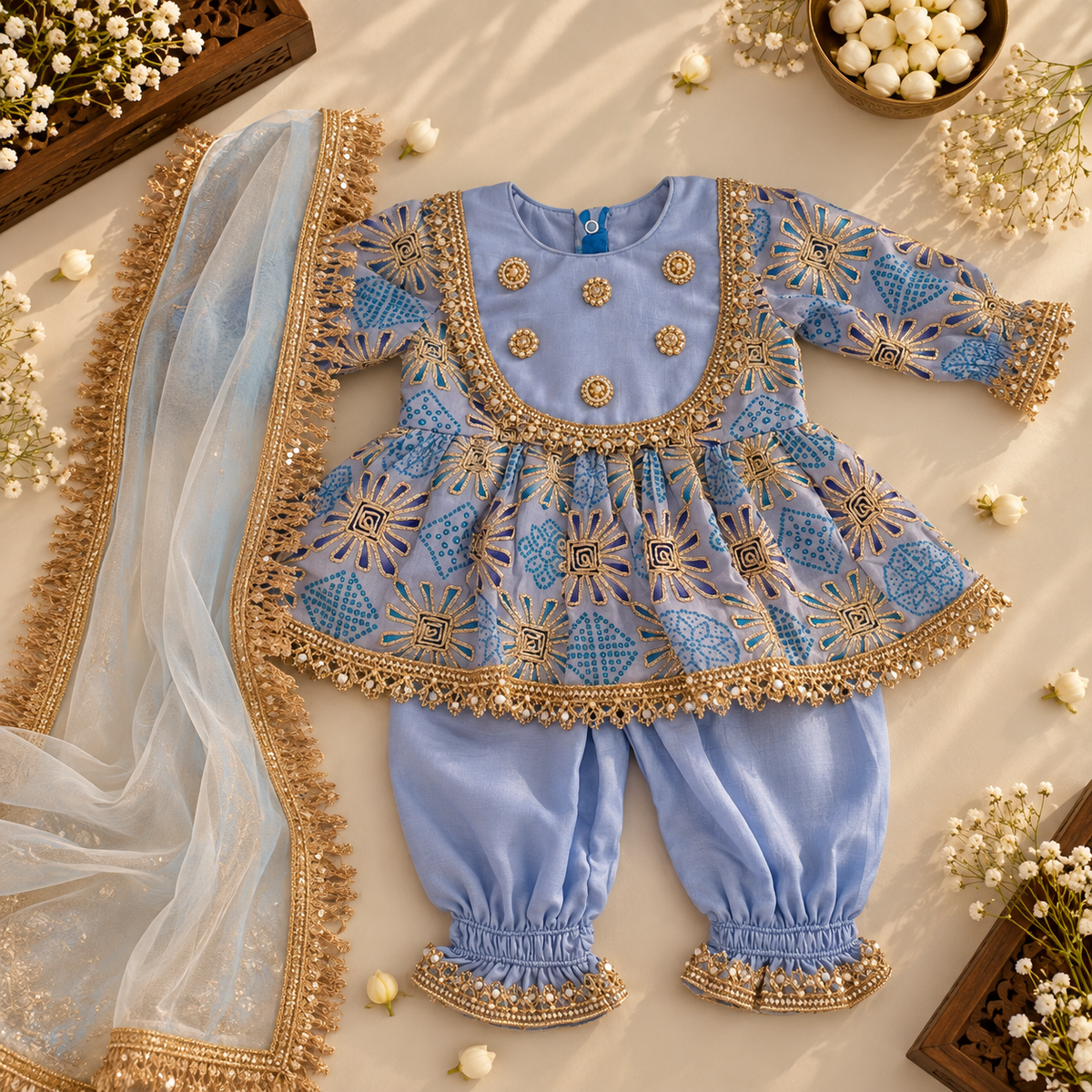 A light blue traditional outfit set for a baby, featuring an embroidered peplum top, matching pants, and a sheer dupatta, arranged in a styled flat-lay with decorative flowers and wooden trays.