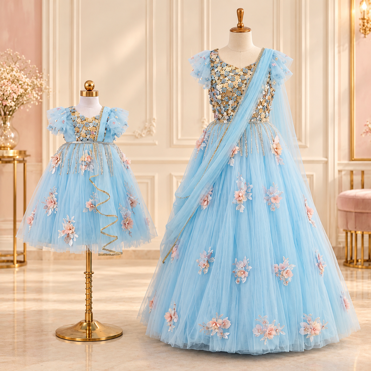 Sky Blue Mom & Daughter Gown Set