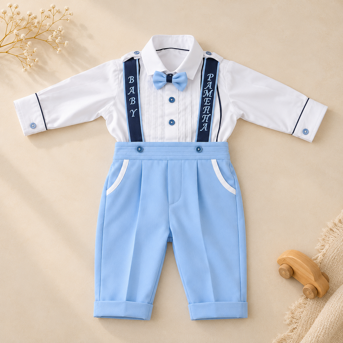 A baby boy's formal outfit set featuring a white long-sleeve shirt with 'BABY' on the right shoulder strap and 'PAMELA' on the left, paired with light blue pleated overalls and a matching light blue bow tie, laid flat on a beige background with decorative props.