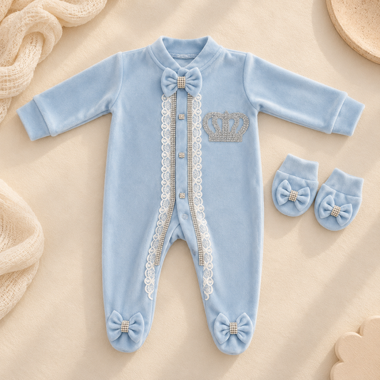 A baby footed one-piece sleeper in light blue velvet, styled flat-lay on a beige fabric background with a matching pair of booties. The sleeper features a lace-trimmed front placket, a bow at the collar, a crown motif on the chest, and matching bows on the feet.