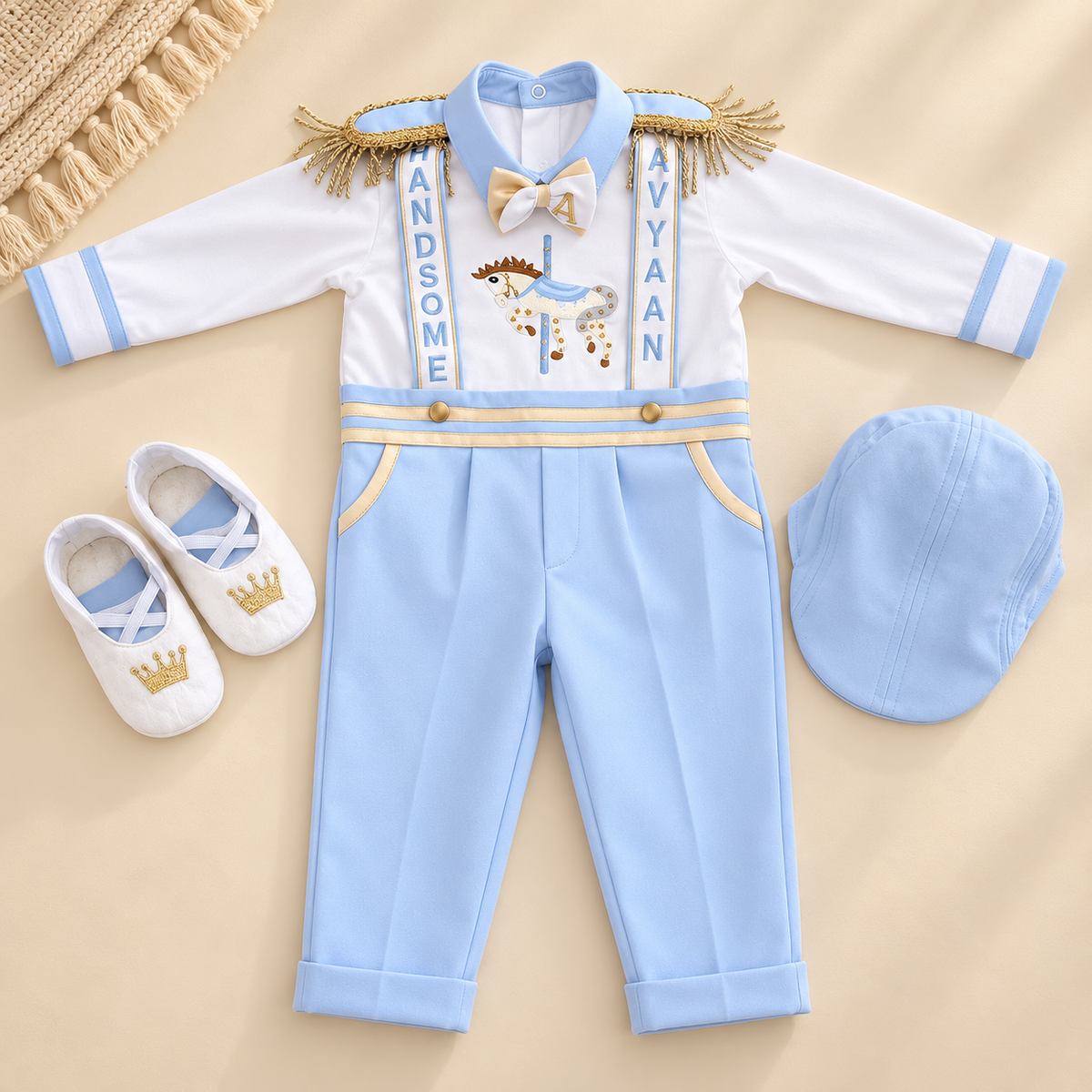 A baby boy's three-piece formal outfit set laid flat on a beige background, including a white long-sleeve top with light blue trim, a light blue jumpsuit with gold trim and decorative text, white baby shoes with blue and gold details, and a matching light blue cap.