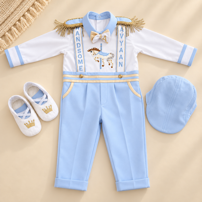 A baby boy's three-piece formal outfit set laid flat on a beige background, including a white long-sleeve top with light blue trim, a light blue jumpsuit with gold trim and decorative text, white baby shoes with blue and gold details, and a matching light blue cap.