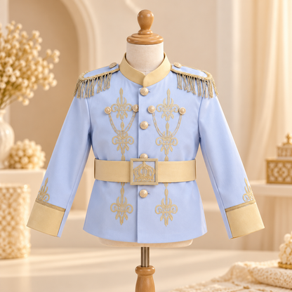 A light blue children's military-style jacket displayed on a dress form mannequin, featuring gold embroidery, gold buttons, a gold belt, and gold fringe on the shoulders, set against a warm beige background.