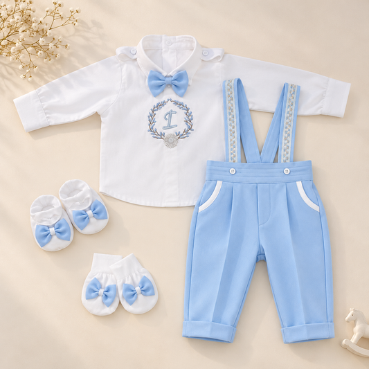 A baby boy's formal outfit set laid flat on a warm beige background, including a white long-sleeve shirt with a light blue bow tie and embroidered monogram, light blue pants with white trim and suspenders, matching white booties, and small blue-and-white bootie bows. Decorative dried flowers and a small horse figurine are placed around the set.