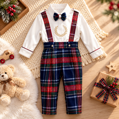 A baby boy's holiday-themed outfit laid flat on a wooden surface, featuring a white long-sleeve shirt with red trim, navy blue plaid suspenders, a navy bow tie, and a gold embroidered laurel wreath on the chest. The outfit is styled with a teddy bear, a gift box, and festive decorations.