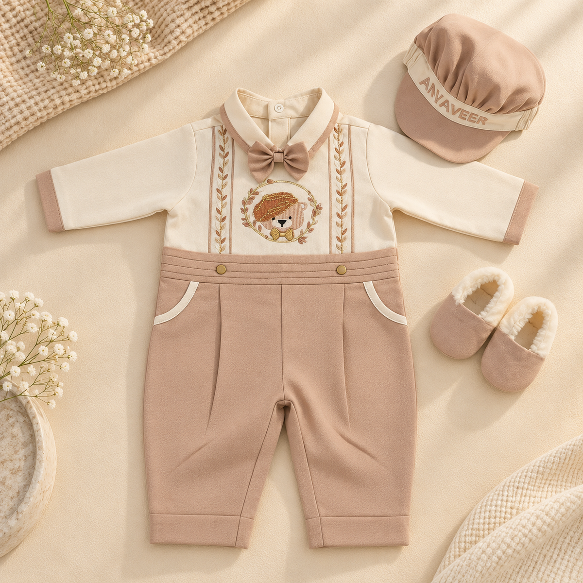 A baby outfit set styled flat-lay on a beige fabric background, including a long-sleeve romper with cream and dusty pink sections, a bow tie, embroidered chest detail, matching cap, and booties. The cap shows the brand name 'ANVAVEER'.