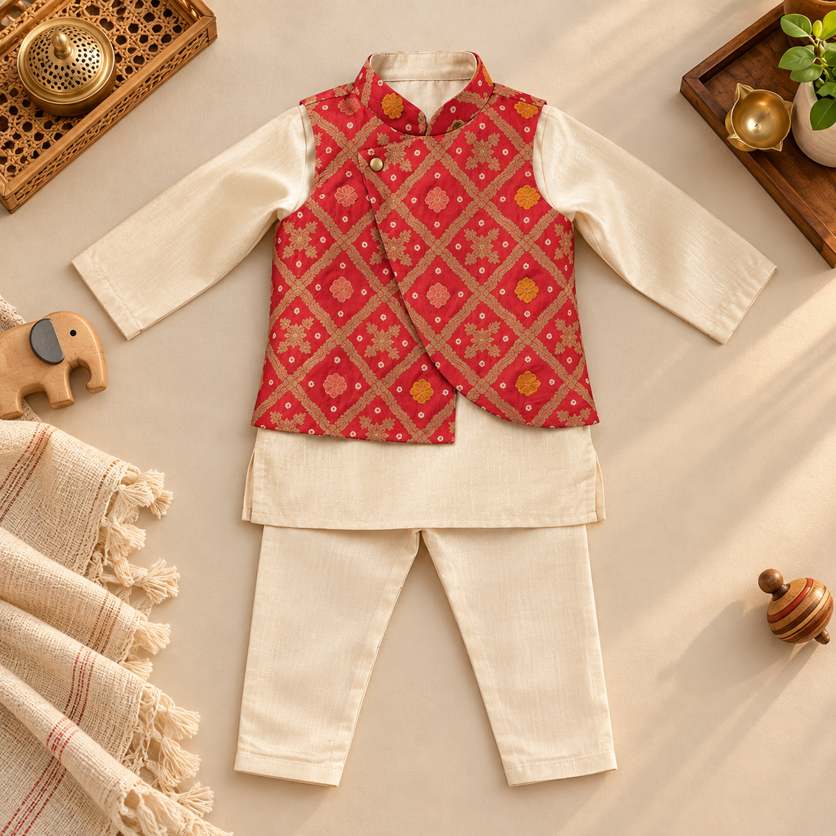 Coral Ethnic Waistcoat Set