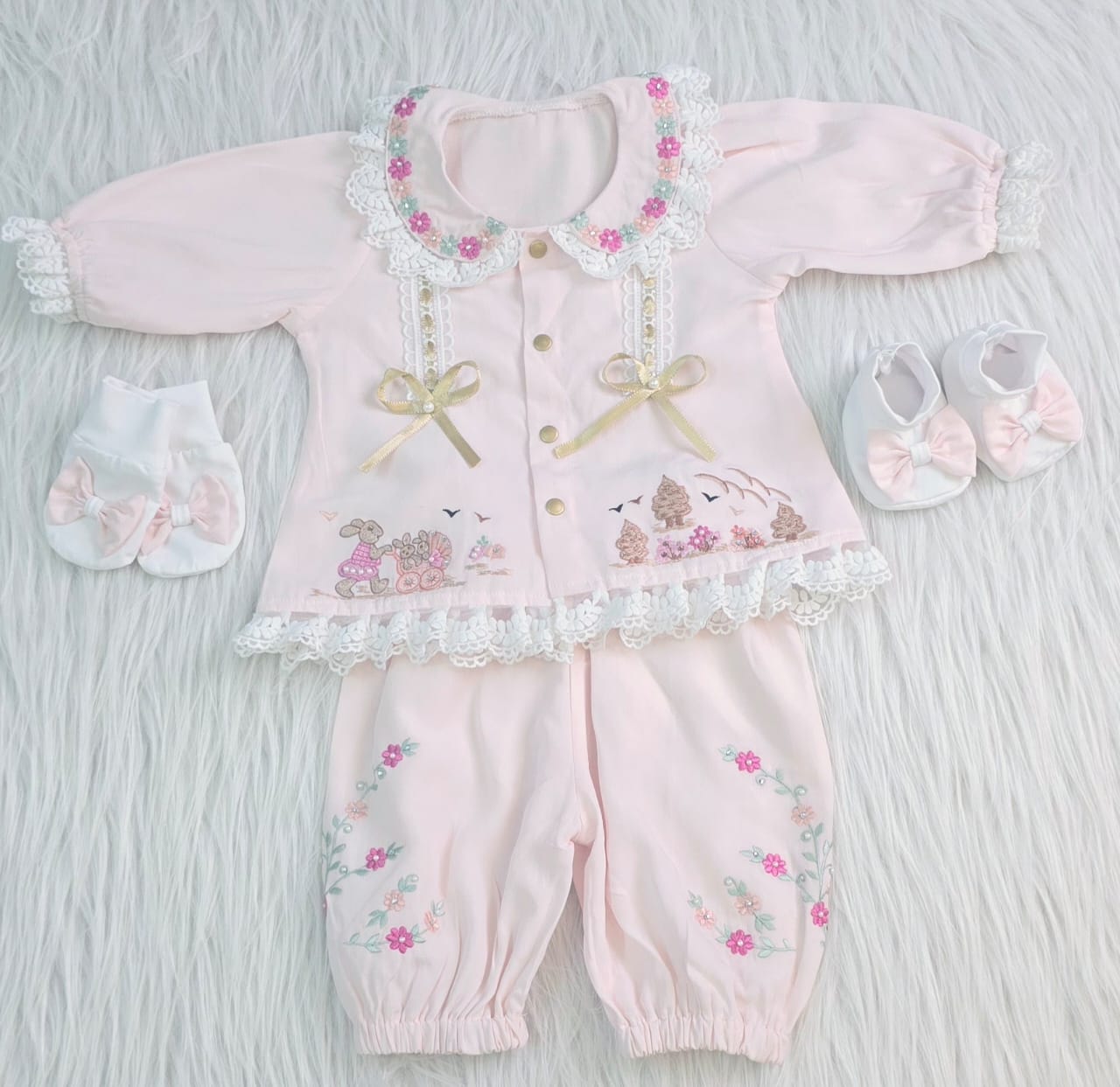 Charming Embroidered Pink Baby Set
