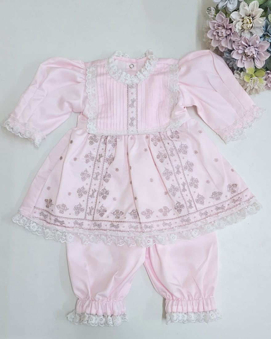 Elegant Pink Embroidered Dress and Bloomer Set