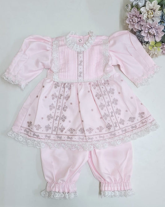 Elegant Pink Embroidered Dress and Bloomer Set