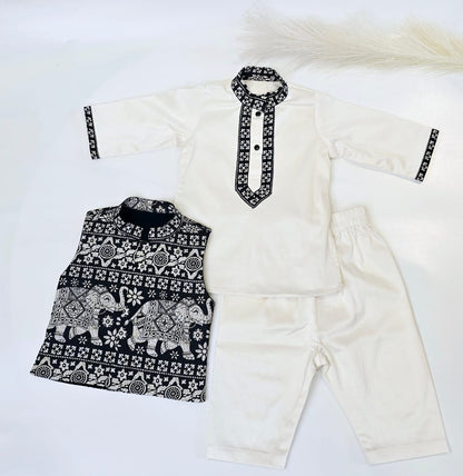Ivory Elephant Print Jacket Kurta Set