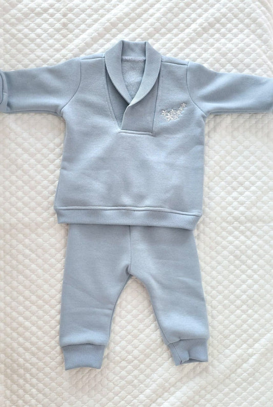 Baby Boy’s Classic Shawl Collar Tracksuit Set – Dusty Blue