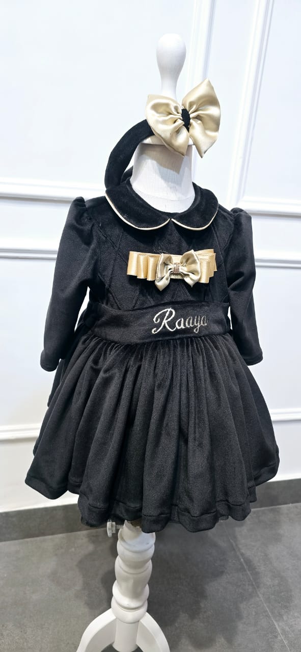 Midnight Luxe Velvet & Gold Bow Special Occasion Dress