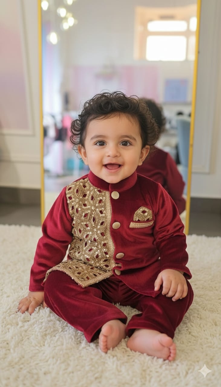 Regal Burgundy Velvet & Gold Brocade 2-Piece Boy's Set