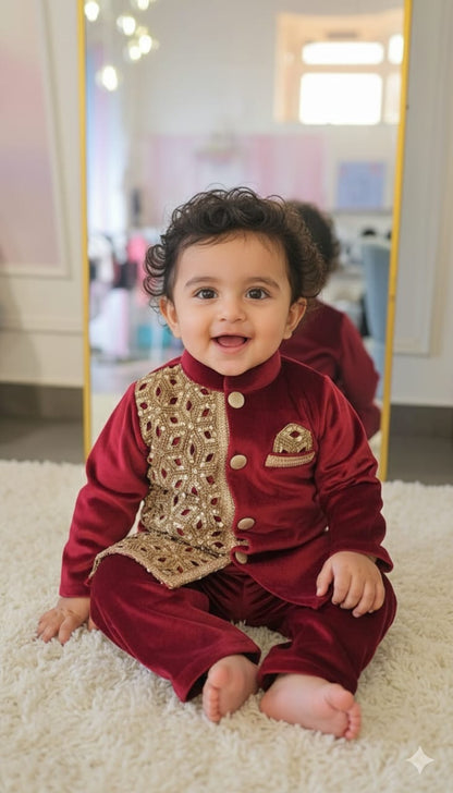 Regal Burgundy Velvet & Gold Brocade 2-Piece Boy's Set
