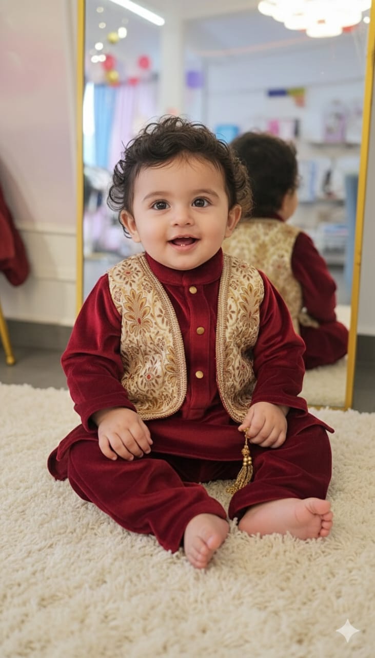 Regal Burgundy Velvet & Gold Brocade 2-Piece Ensemble