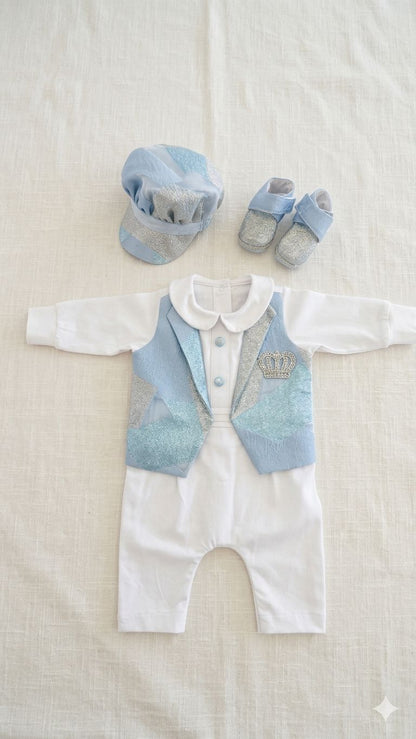 Blue Brocade Romper