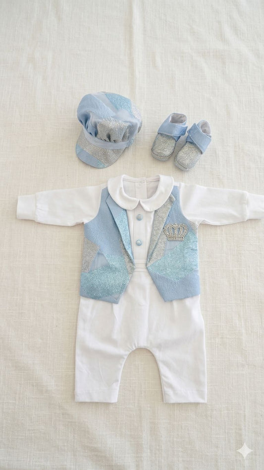 Blue Brocade Romper