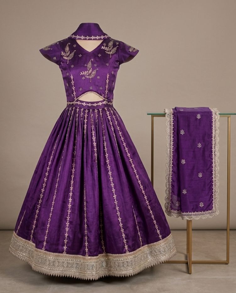 Deep Purple Silk Lehenga Set with Zari Embroidery and Scalloped Dupatta
