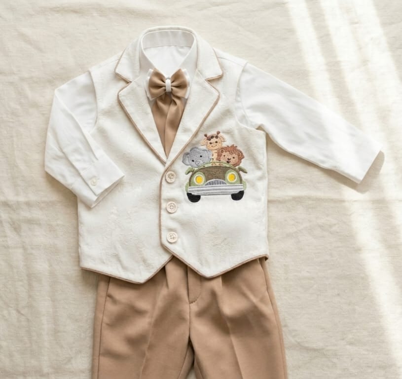 Boys 3-Piece Birthday Suit - Embroidered Safari Animals Waistcoat & Trousers